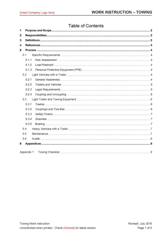 Towing Work Instruction - Beyond Your Horizon - Resource Centre